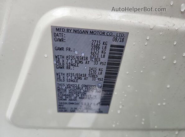 5N1DL0MM1KC513714 2019 INFINITI QX60 White VIN კოდის სტიკერის ხედი