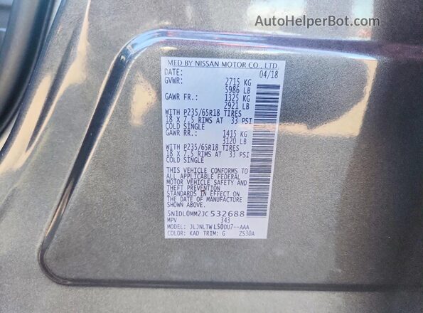 5N1DL0MM2JC532688 2018 INFINITI QX60 Gray VIN կոդի պիտակի տեսք