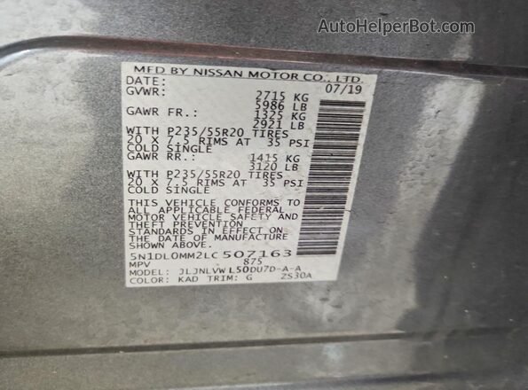 5N1DL0MM2LC507163 2020 INFINITI QX60 Charcoal VIN կոդի պիտակի տեսք