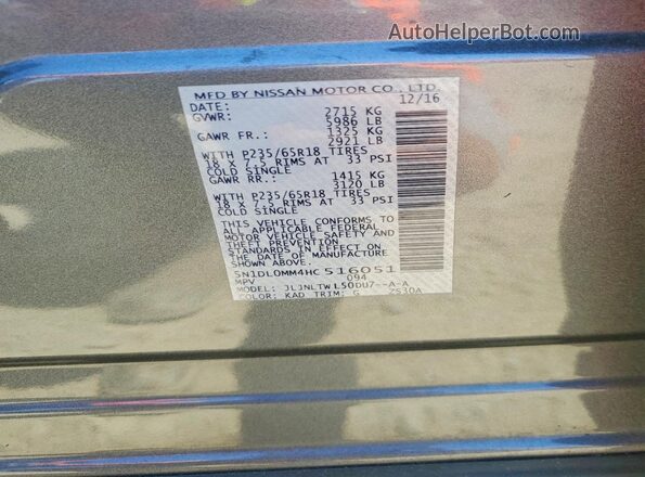 5N1DL0MM4HC516051 2017 INFINITI QX60 Silver Vista de la etiqueta del VIN