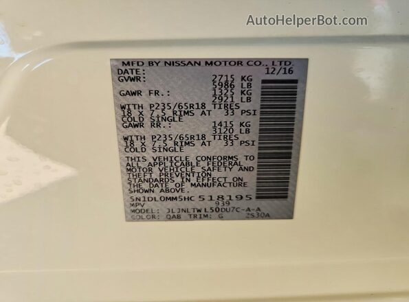 5N1DL0MM5HC518195 2017 INFINITI QX60 White Widok naklejki z numerem VIN