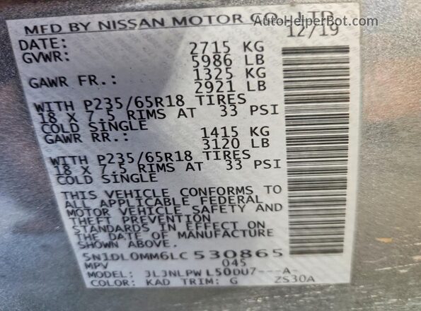 5N1DL0MM6LC530865 2020 INFINITI QX60 Gray VIN კოდის სტიკერის ხედი