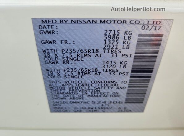 5N1DL0MM7HC524306 2017 INFINITI QX60 White Vista de la etiqueta del VIN