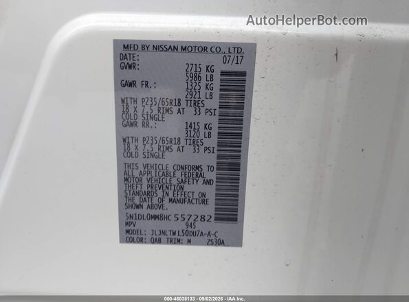 5N1DL0MM8HC557282 2017 INFINITI QX60 White Widok komory silnika