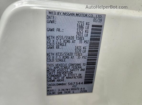 5N1DL0MM8KC567544 2019 INFINITI QX60 White VIN կոդի պիտակի տեսք