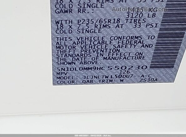 5N1DL0MM9HC550230 2017 INFINITI QX60 White Widok komory silnika