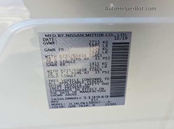 5N1DL0MN0LC519949 2020 INFINITI QX60 White VIN კოდის სტიკერის ხედი