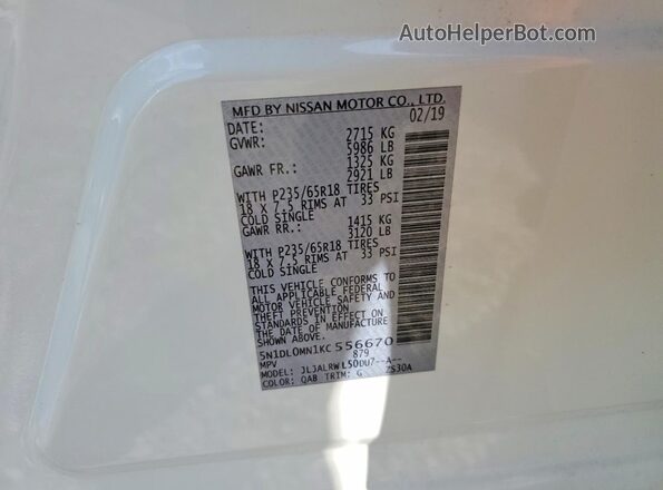 5N1DL0MN1KC556670 2019 INFINITI QX60 Белый Вид наклейки с VIN-кодом