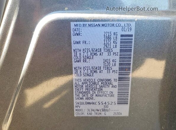 5N1DL0MN4KC554525 2019 INFINITI QX60 Gray Vista de la etiqueta del VIN