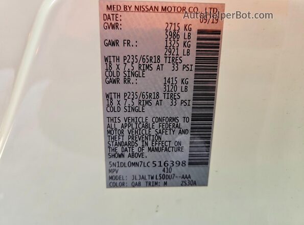 5N1DL0MN7LC516398 2020 INFINITI QX60 White Вид наклейки з VIN-кодом