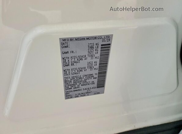 5N1DL0MN9KC569540 2019 INFINITI QX60 White Вид наклейки з VIN-кодом