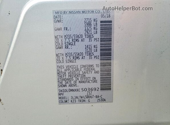 5N1DL0MNXKC503692 2019 INFINITI QX60 Silver Вид наклейки з VIN-кодом