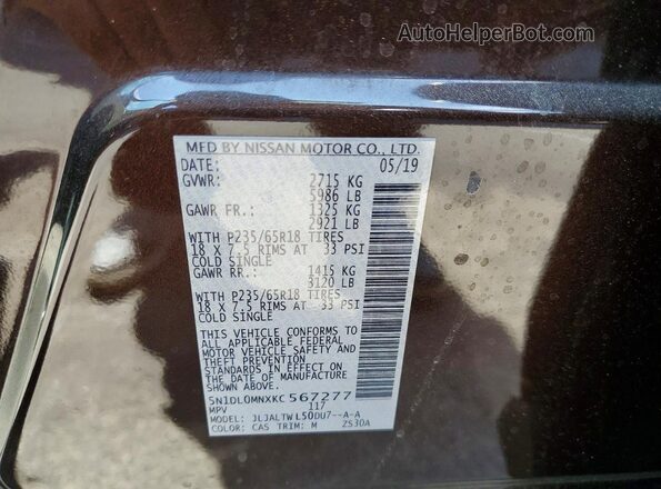 5N1DL0MNXKC567277 2019 INFINITI QX60 Burgundy VIN sticker view