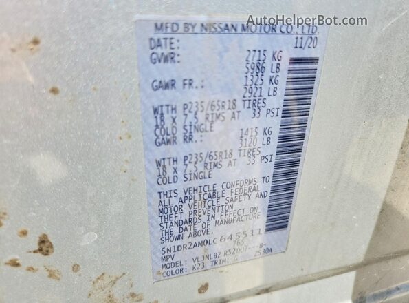 5N1DR2AM0LC645511 2020 NISSAN PATHFINDER Silver Widok naklejki z numerem VIN