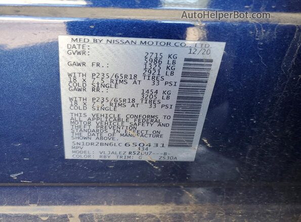 5N1DR2BN6LC650431 2020 NISSAN PATHFINDER Blue Widok naklejki z numerem VIN