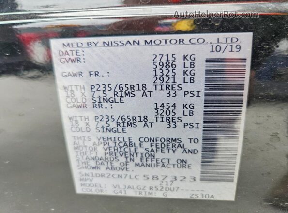 5N1DR2CN7LC587323 2020 NISSAN PATHFINDER Black Widok naklejki z numerem VIN
