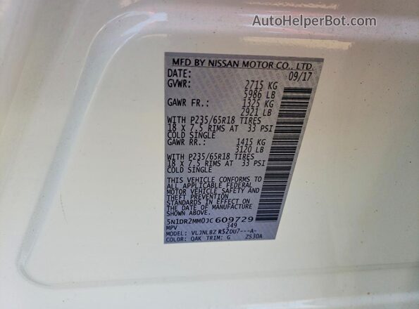 5N1DR2MM0JC609729 2018 NISSAN PATHFINDER White VIN sticker view