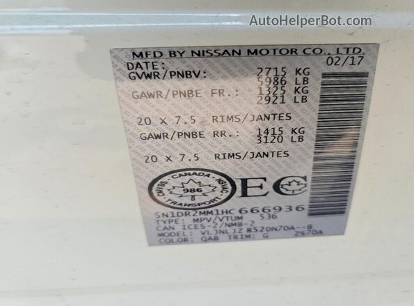 5N1DR2MM1HC666936 2017 NISSAN PATHFINDER White Widok naklejki z numerem VIN