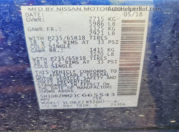 5N1DR2MM2JC665543 2018 NISSAN PATHFINDER Синий Вид наклейки с VIN-кодом