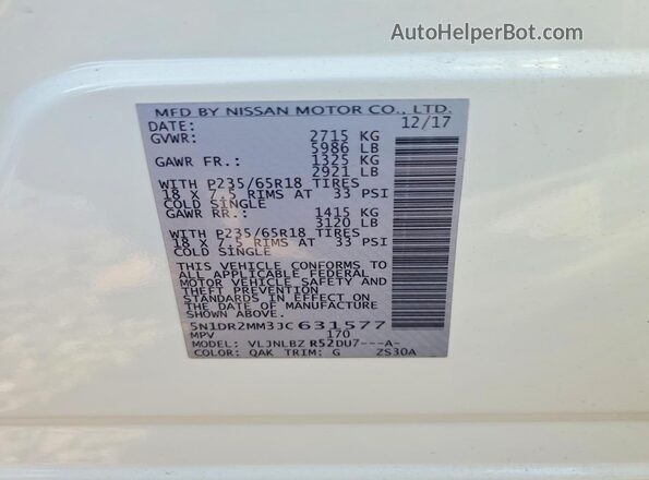 5N1DR2MM3JC631577 2018 NISSAN PATHFINDER White VIN კოდის სტიკერის ხედი