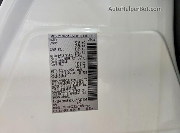 5N1DR2MM3JC676034 2018 NISSAN PATHFINDER White Widok naklejki z numerem VIN