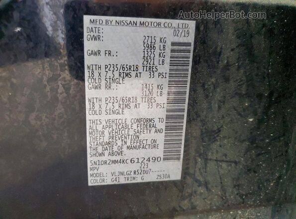 5N1DR2MM4KC612490 2019 NISSAN PATHFINDER Black Вид наклейки з VIN-кодом