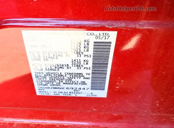 5N1DR2MM6HC692447 2017 NISSAN PATHFINDER Бордовый Вид наклейки с VIN-кодом