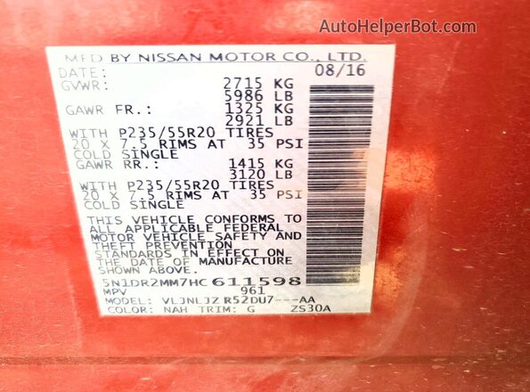 5N1DR2MM7HC611598 2017 NISSAN PATHFINDER Red VIN sticker view