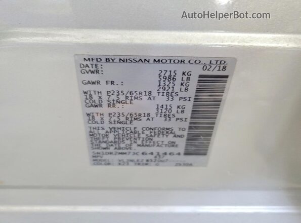 5N1DR2MM7JC641464 2018 NISSAN PATHFINDER Silver Vista de la etiqueta del VIN