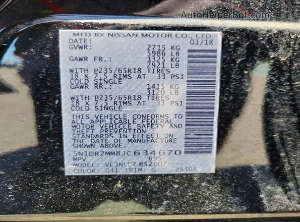 5N1DR2MM8JC634670 2018 NISSAN PATHFINDER Black VIN sticker view