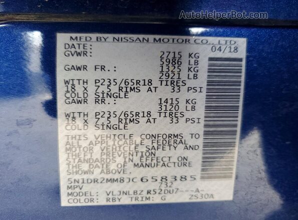 5N1DR2MM8JC658385 2018 NISSAN PATHFINDER Blue Вид наклейки з VIN-кодом