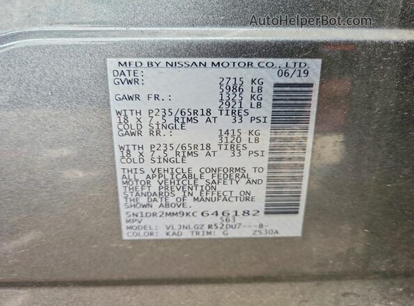 5N1DR2MM9KC646182 2019 NISSAN PATHFINDER Gray Вид наклейки з VIN-кодом