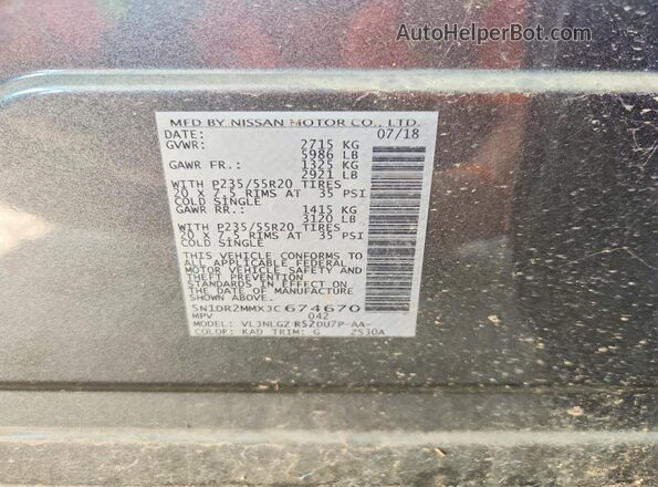 5N1DR2MMXJC674670 2018 NISSAN PATHFINDER Gray VIN կոդի պիտակի տեսք