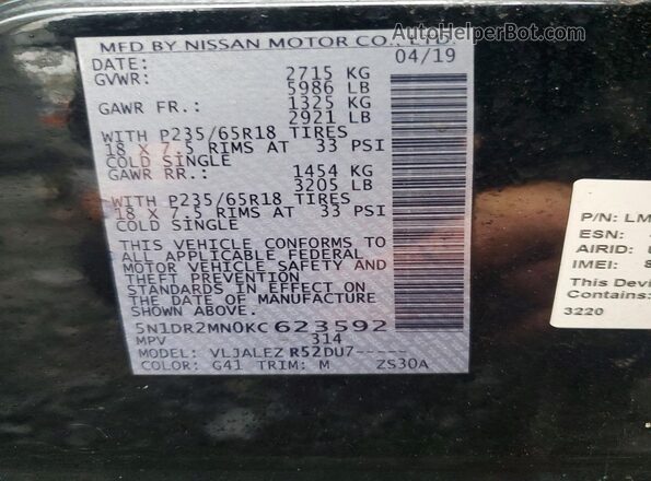5N1DR2MN0KC623592 2019 NISSAN PATHFINDER Black Widok naklejki z numerem VIN
