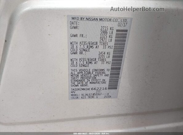5N1DR2MN1HC662216 2017 NISSAN PATHFINDER Серебряный Вид подкапотного пространства