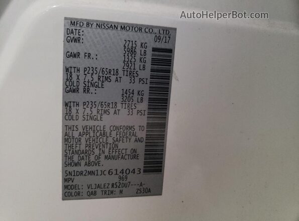 5N1DR2MN1JC614043 2018 NISSAN PATHFINDER White VIN sticker view