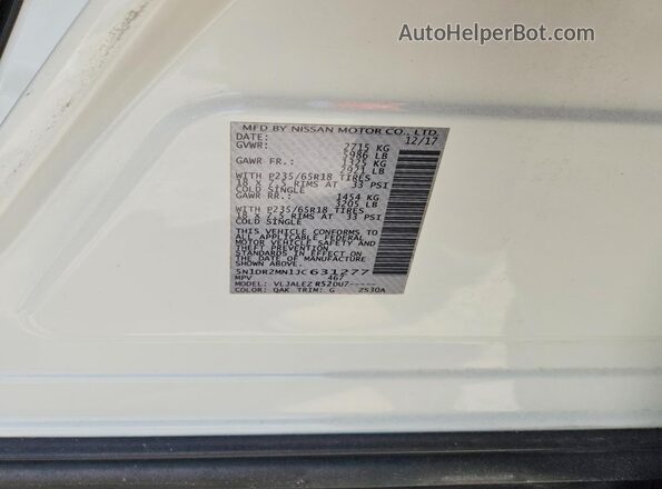 5N1DR2MN1JC631277 2018 NISSAN PATHFINDER White VIN sticker view