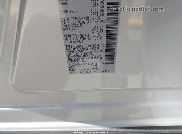 5N1DR2MN6KC628019 2019 NISSAN PATHFINDER Silver ძრავის განყოფილების ხედი