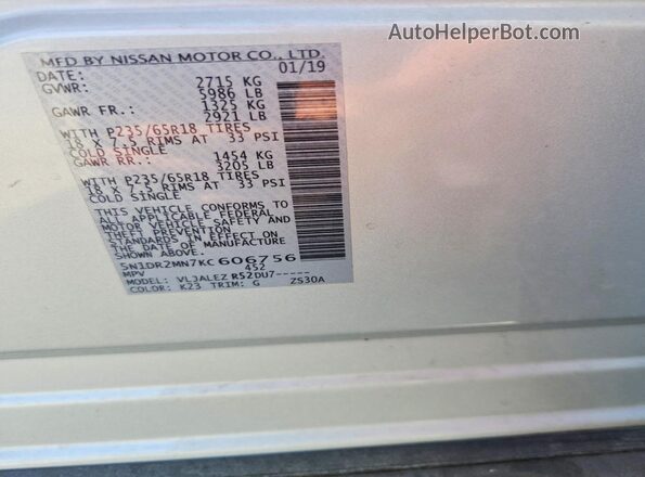 5N1DR2MN7KC606756 2019 NISSAN PATHFINDER Gray Widok naklejki z numerem VIN