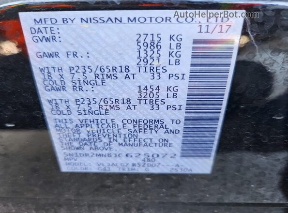 5N1DR2MN8JC625072 2018 NISSAN PATHFINDER Black Widok naklejki z numerem VIN