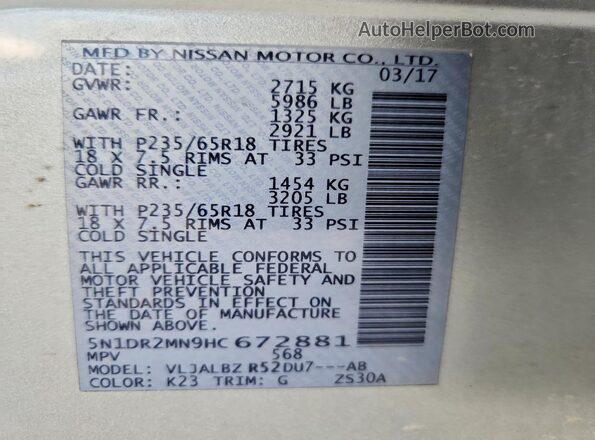 5N1DR2MN9HC672881 2017 NISSAN PATHFINDER Silver VIN კოდის სტიკერის ხედი