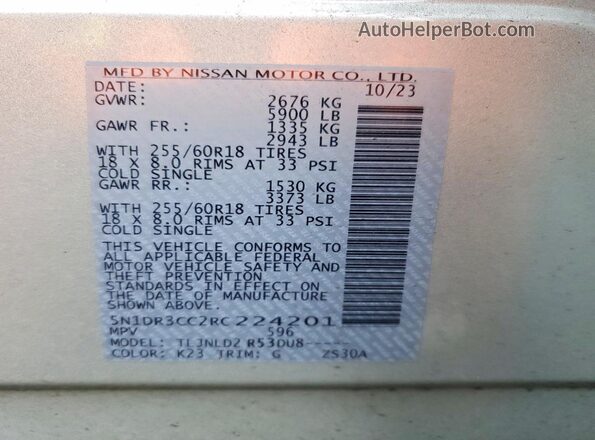5N1DR3CC2RC224201 2024 NISSAN PATHFINDER Silver VIN sticker view