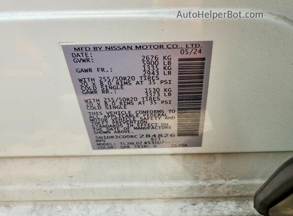 5N1DR3CD0RC284826 2024 NISSAN PATHFINDER White VIN sticker view