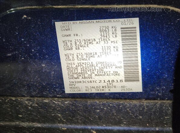 5N1DR3CS6TC214818 2026 NISSAN PATHFINDER Blue VIN კოდის სტიკერის ხედი
