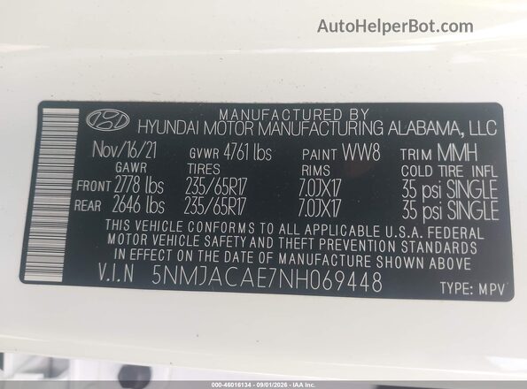 5NMJACAE7NH069448 2022 HYUNDAI TUCSON White Շարժիչի բաժամունքի տեսք