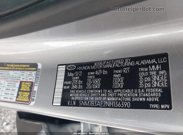 5NMJB3AE2NH136390 2022 HYUNDAI TUCSON Silver Widok komory silnika