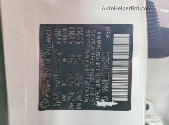 5NMJB3DE1TH632273 2026 HYUNDAI TUCSON White VIN sticker view