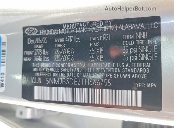 5NMJB3DE2TH666755 2026 HYUNDAI TUCSON Серый Вид наклейки с VIN-кодом