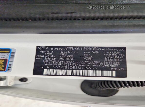 5NMJB3DE3SH562676 2025 HYUNDAI TUCSON White VIN sticker view