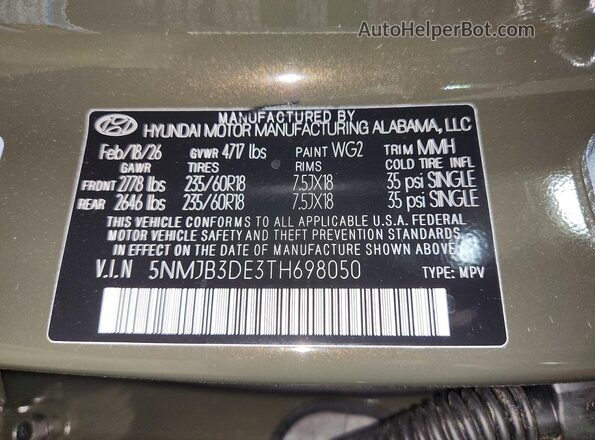 5NMJB3DE3TH698050 2026 HYUNDAI TUCSON Green VIN sticker view